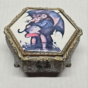 Hummel Stormy Weather Children with Umbrella Footed Metal Trinket Box VTG Japan